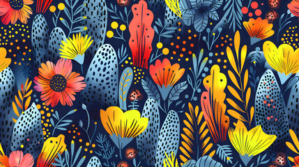  Pattern of abstract shapes, bold color blocking, whimsical blue floral motifs. Hand-Drawn Design