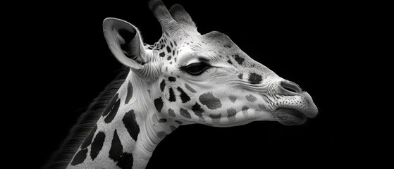  a black and white photo of a giraffe's head with a pattern on it's face.