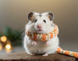 Adorable hamster wearing knitted scarf sitting at its hind legs
