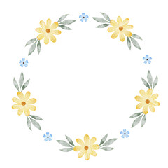Naklejka na ściany i meble Blue and yellow wildflowers. Round wreath of simple flowers. Watercolor isolated illustration. Frame for design of postcards for Easter, birthday, International Women's Day