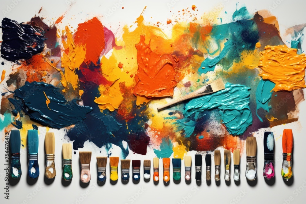 Poster paint brushes arranged neatly on a table, suitable for artistic projects