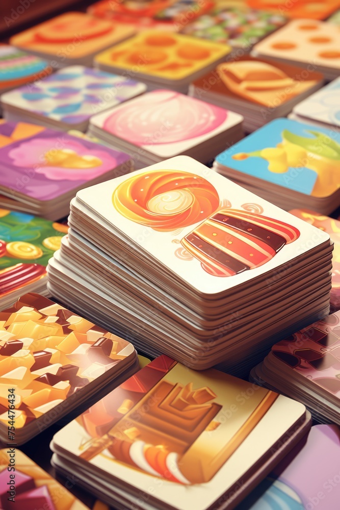 Poster a pile of cards on a table, suitable for various card game concepts