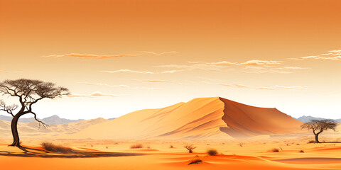 An illustration of a desert landscape with a lone tree  wilderness arid landscape