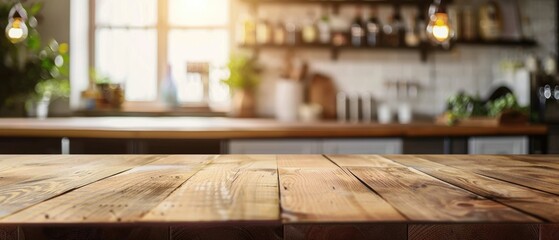 Ultrawide Colose-up Photo On Wooden Table With Blurry Kitchen In Background Wallpaper