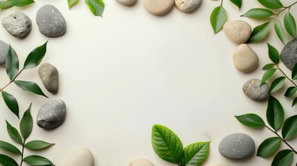 Blank White Modern Background With Pabble Stones And Green Leaves