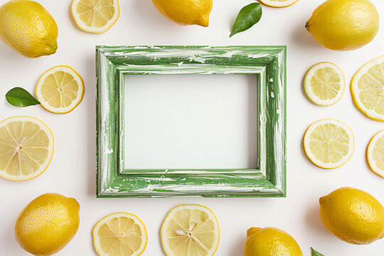 Empty green vintage style picture frame surrounded by whole lemon fruits and slices on white background