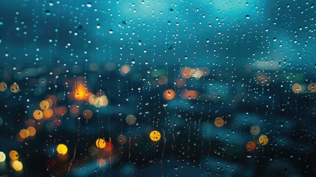 Blurred City View With Lights Landscape Photo Trough Rainy Window