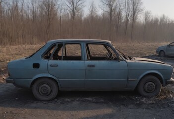 A burnt-out car. Car old burned by fire. Fire burned car.
