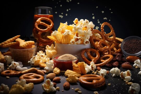 A variety of snacks including popcorn and pretzels. Perfect for movie nights or parties