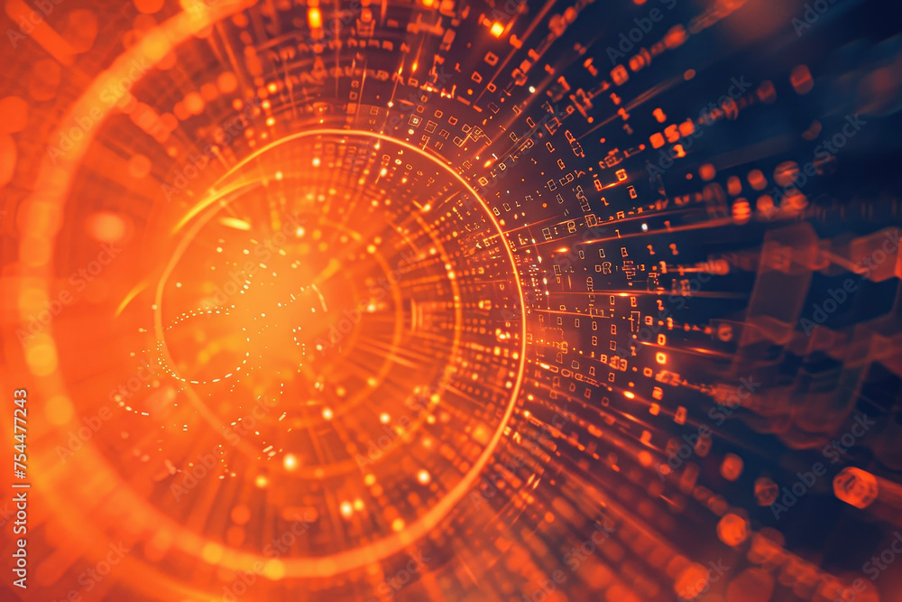 Poster a abstract background with a orange shade, a radial blur, a ascii code, and a retro font