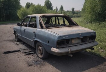 A burnt-out car. Car old burned by fire. Fire burned car.