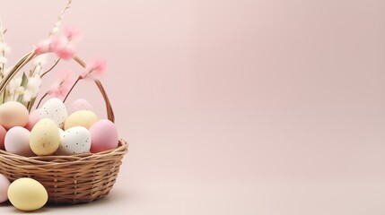 Fototapeta na wymiar Easter concept. soft pink background with eggs in a basket and flowers