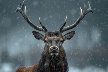 A close up of a deer in the snow, suitable for nature themes