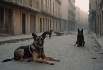 A gang of stray dogs.Half-a-dozen stray street dogs roaming in a residential area.Homeless dog on the street of the old city.Homeless animal problem