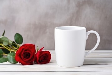 Obraz na płótnie Canvas A blank white coffee mug ready for branding, accompanied by romantic red roses on a rustic wooden surface.