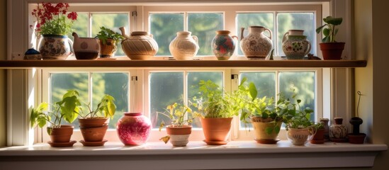 A window sill adorned with an array of ceramic pots filled with various lush plants, creating a vibrant and lively display in a beautiful corner of a room.