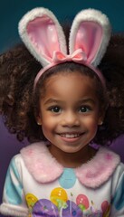 Menina, afro, 5 anos, fantasiada de coelhinho da Páscoa, sorridente, olhos brilhantes, feliz.
