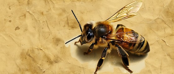  a close up of a bee on a piece of brown paper with a black spot on the back of its head.