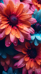 A macro photograph of water droplets on vibrant flower petals, a close-up mobile wallpaper photography Generative AI