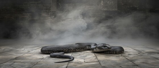  a snake laying on a stone floor in a room with steam coming out of the walls and a brick wall behind it. - obrazy, fototapety, plakaty