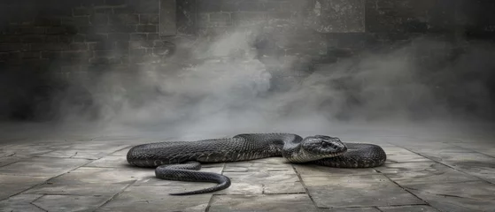 Tuinposter  a snake laying on a stone floor in a room with steam coming out of the walls and a brick wall behind it. © Frederik