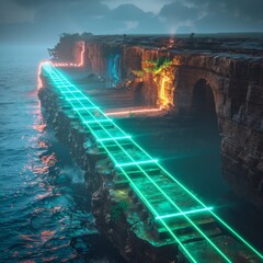 Neon Light Bridge Spanning Over Rugged Coastal Cliffs at Twilight for Sci-Fi and Adventure Concepts
