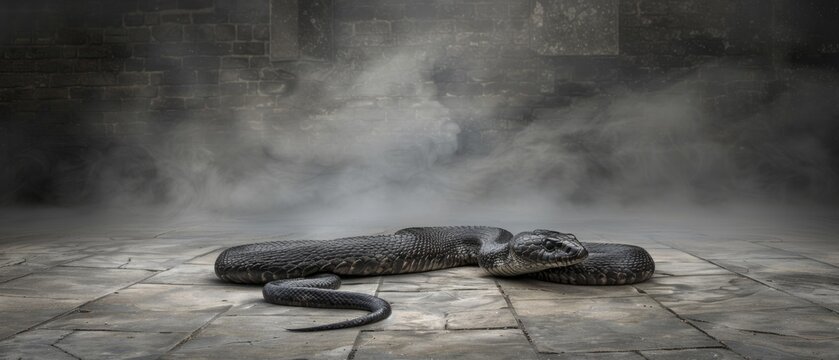 Fototapeta  a snake laying on a stone floor in a room with steam coming out of the walls and a brick wall behind it.