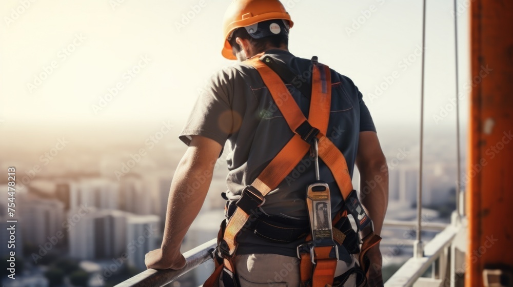 Poster a construction worker standing on the edge of a building. suitable for construction industry concept