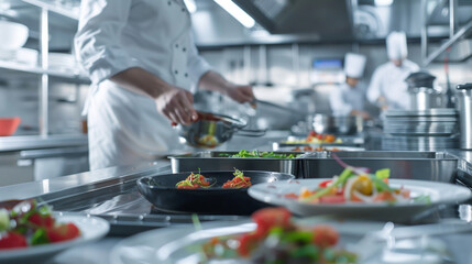Chef in hotel kitchen preparing and decorating food, delicious vegetables and fruits. AI.