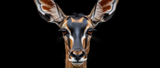  a close up of a giraffe's face on a black background with no one in the picture.