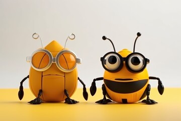 Obraz premium Two humorous yellow robots with expressive eyes on a bright yellow background, playful and fun. Amusing Yellow Cartoon Robots on Yellow