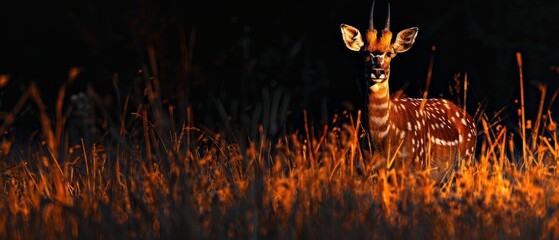  a small deer standing in the middle of a field of tall grass with a bright orange glow on it's face.