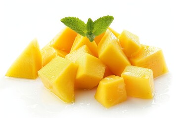 sliced mango with mint leaves on white, Tropical sliced mango close-up, isolated on white, summer, spring, fresh, yellow, ripped mango - obrazy, fototapety, plakaty