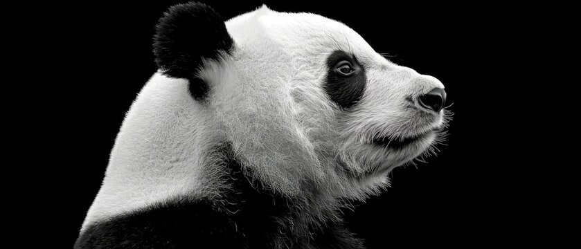  a black and white photo of a panda bear's face with a sad look on it's face.