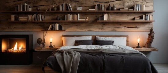 A modern bedroom featuring a cozy bed and a fireplace. Wooden bookshelves line the walls, adorned with flickering candles. The room is warm and inviting.