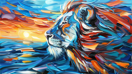 Horizontal oil painting of a Lion. Generative AI