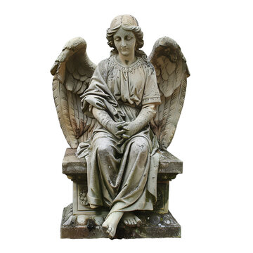 A stone statue of an angel with wings sitting on a tomb stone with an isolated background