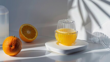 A minimalist shot of a glass of freshly squeezed orange juice with a halved orange and a manual...