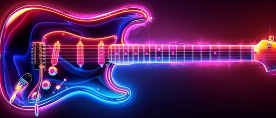  an electric guitar with neon lights in the shape of a guitar, with a black background and a red and blue electric guitar. - obrazy, fototapety, plakaty