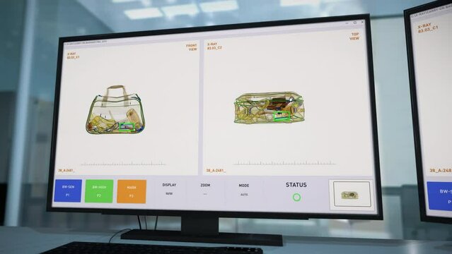 X-ray Scanner Projection Machine Detects Illegal Explosive Bomb Device In A Sports Bag. Scanner Projection Device Checks Carry-on Baggage. Luggage Scanner Projection Monitoring Device. Airport
