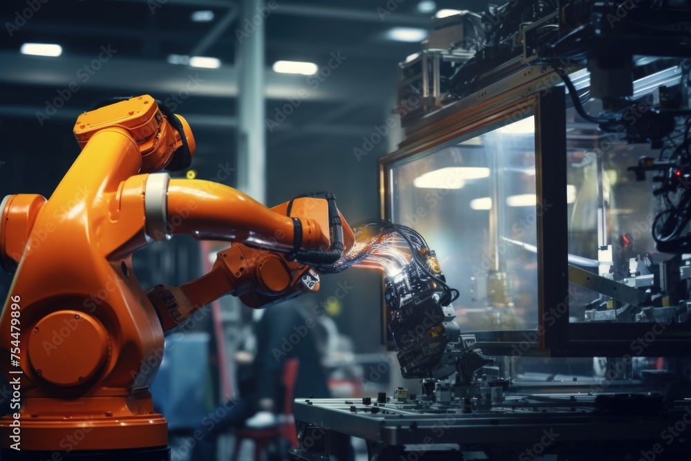 Poster robotic arm pouring liquid into glass, suitable for technology and science concepts