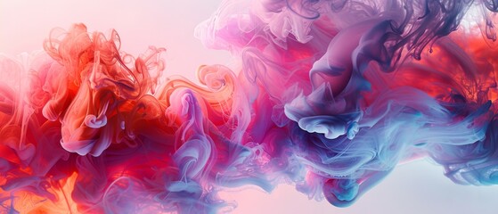  a group of colorful smokes floating in a blue, pink, and red liquid streaming down the side of a wall. - obrazy, fototapety, plakaty