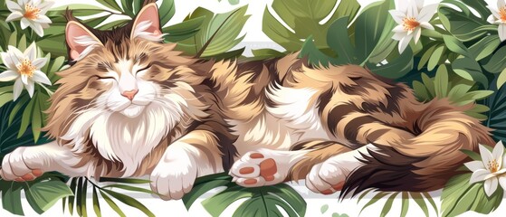  a brown and white cat laying on top of a lush green leaf covered floor next to white and orange flowers.