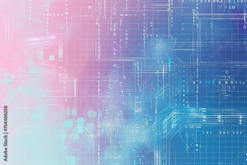 Poster a abstract background with a blue gradient, a white grid, a binary code, and a circuit board