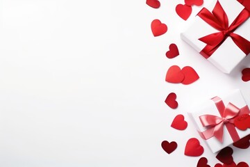 Red and pink heart-shaped paper confetti scattered on a pristine white background, perfect for Valentine's Day.