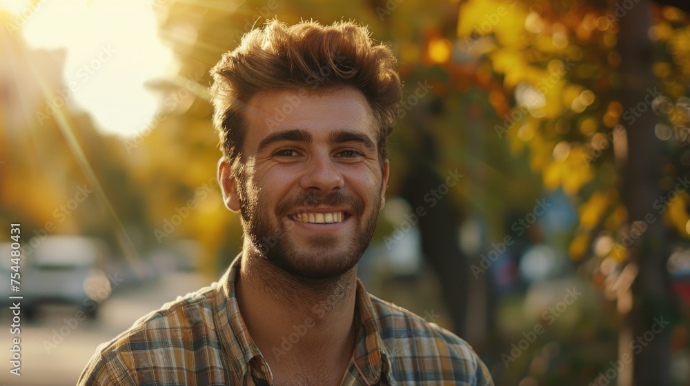 Poster a man with a beard smiling at the camera. suitable for business or lifestyle concepts