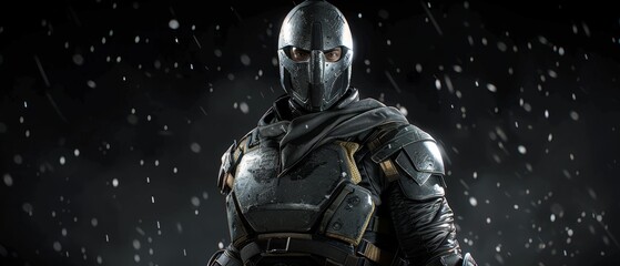 Fototapeta premium a man in a black suit and helmet standing in the snow with his hands in his pockets and his eyes closed.