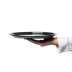 A waiter holding a black color empty food plate in hand with an isolated background 