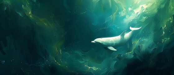  a painting of a sea lion swimming in a body of water with a light shining on it's side.