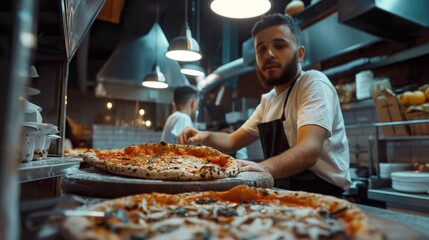 A man in an industrial kitchen diligently prepares pizzas, spreading sauce, adding toppings, and sliding them into the oven. - obrazy, fototapety, plakaty
